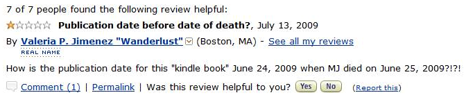 Pearljr's tweet photo. Favorite amazon comment re: "Mysterious death of MJ" book published 6/24/09 &amp; comment 6/26/09 asks how book b4 death? http://t.co/HcoDhaJfAJ