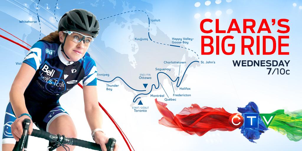 CTV's tweet photo. Join @ClaraHughes_ on her journey to end mental health stigma #ClarasBigRide tonight @ 7/10c #BellLetsTalk http://t.co/qJZdsX4D3j