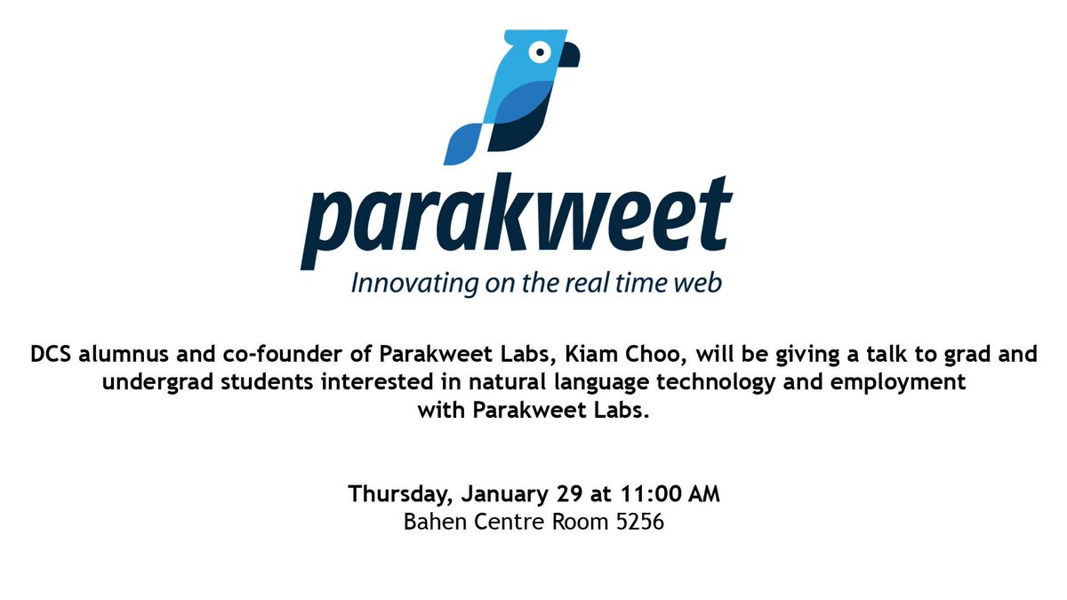 UofTCompSci's tweet photo. Graduating students, bring your resumes! @parakweet labs will be hosting an info session for DCS students. http://t.co/daQ48n7WIn