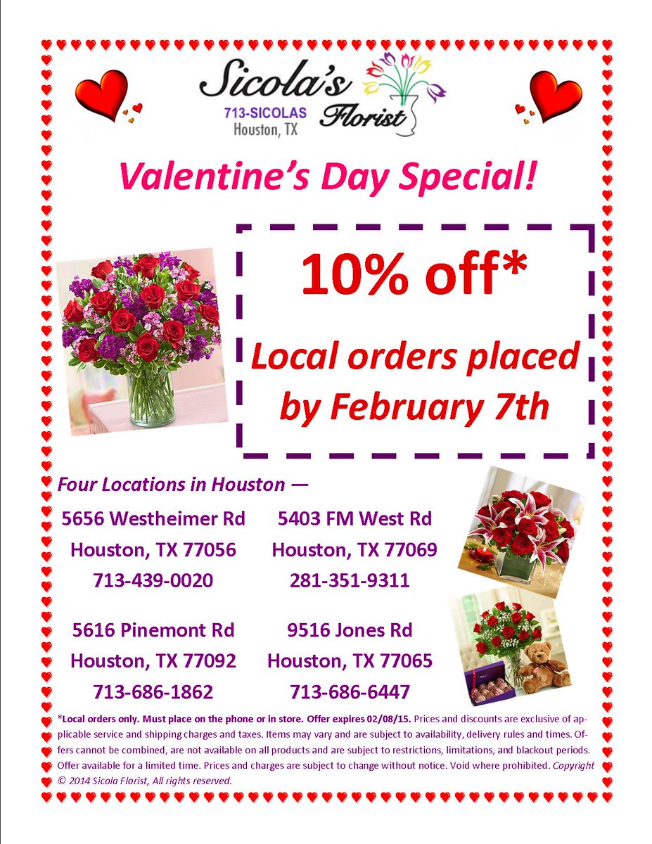 SicolasFlorist's tweet photo. #ValentinesDay is a few weeks away! Visit a store or call 713-SICOLAS! Order early for 10%off! http://t.co/Yi55LWOFQ4 http://t.co/mzSPQqLxeV