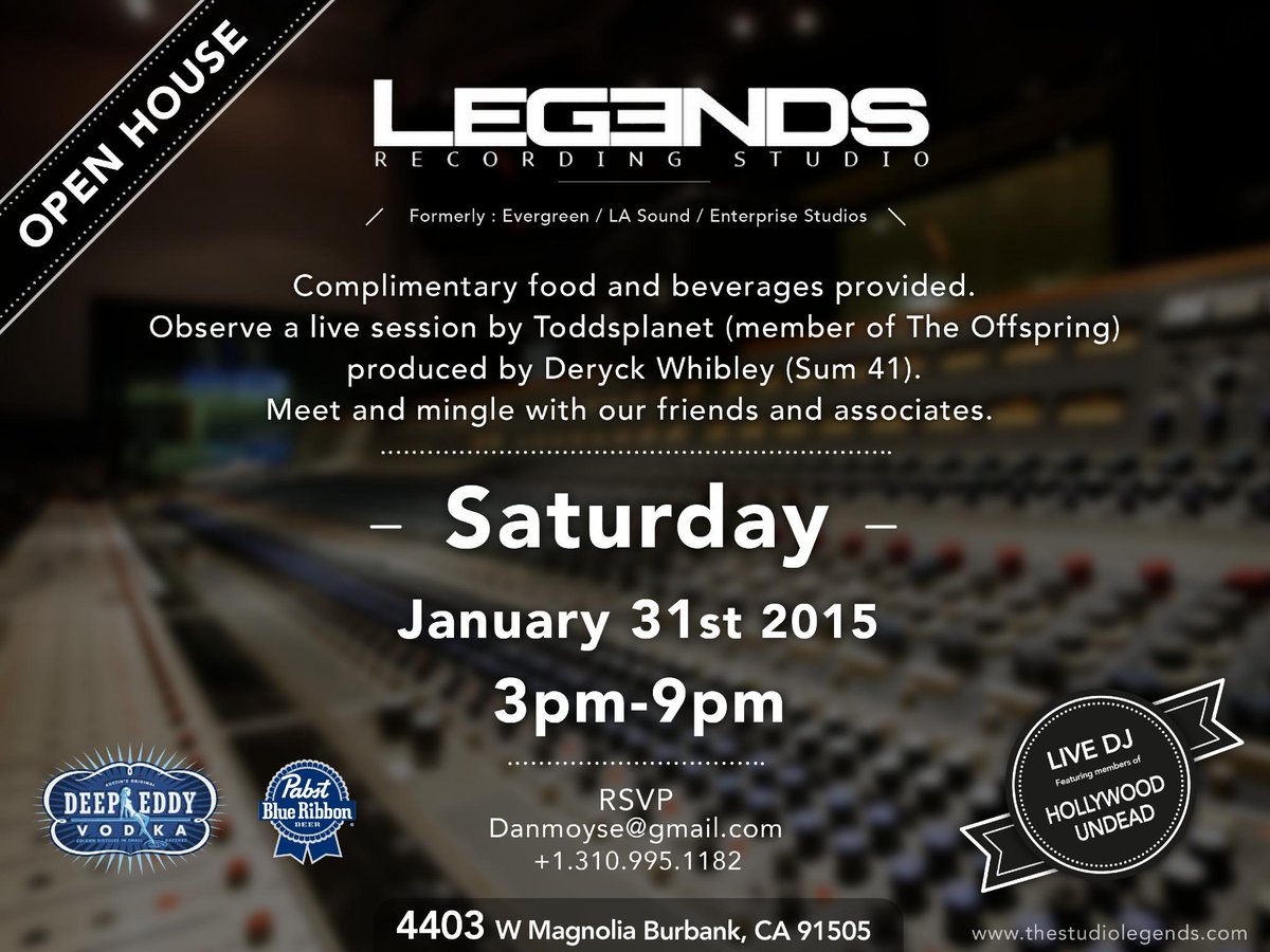 legendsstudiola's tweet photo. OPEN HOUSE THIS SATURDAY PLS RSVP! @toddsplanet @davepensado @Shea__Taylor @brandon_friesen @Sum41 @hollywoodundead http://t.co/R49fM9OFef