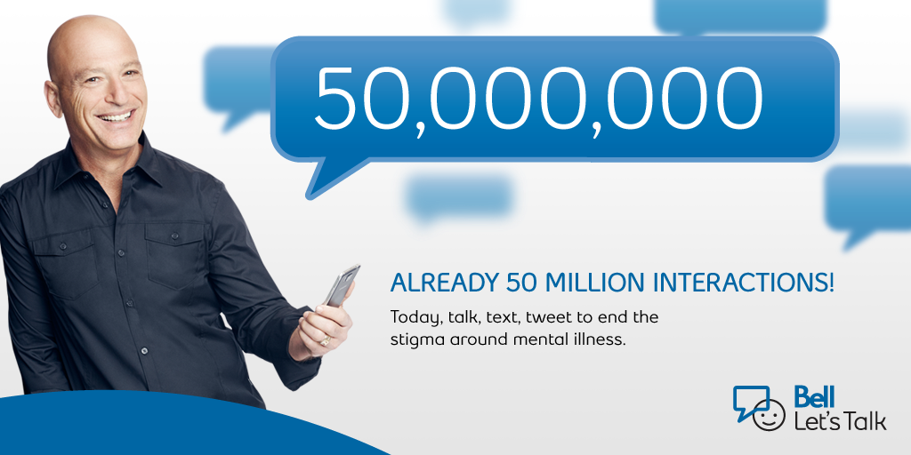 Just over 50 million texts, tweets, calls &amp; shares so far! Outstanding work, everyone. Keep it up! #BellLetsTalk
