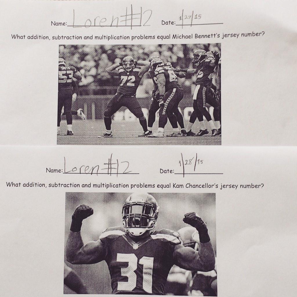 mtstkate's tweet photo. @Seahawks math. @Kam_Chancellor @mosesbread72 #3rdgradeisfun #herteacherrocks #gohawks http://t.co/PnNkXZ40zz