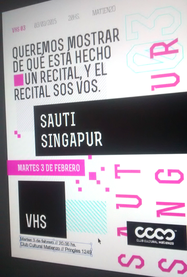 Mariadelmarok's tweet photo. Yo que vos, me agendo el próximo martes ir al @cc_matienzo. Tocan @SaUTiColombia y @SINGAPURmusic en @vhsmusica. http://t.co/RL4BnrNBEp