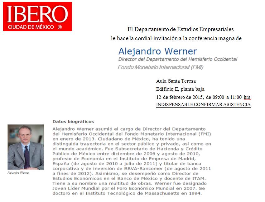 AdmonIBERO's tweet photo. Conferencia magna: Alejandro Werner el próximo 12 de febrero a las 9am http://t.co/GRkirCgNXw