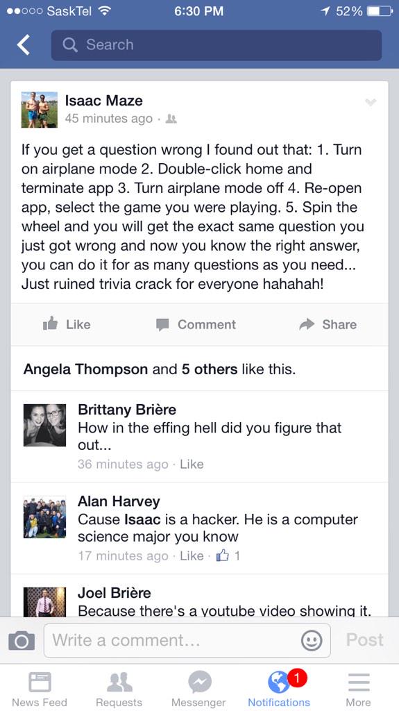 MHall_4's tweet photo. #BellLetsTaIk about @HTgunshow ruining trivia crack forever http://t.co/wnwFJPNLjn