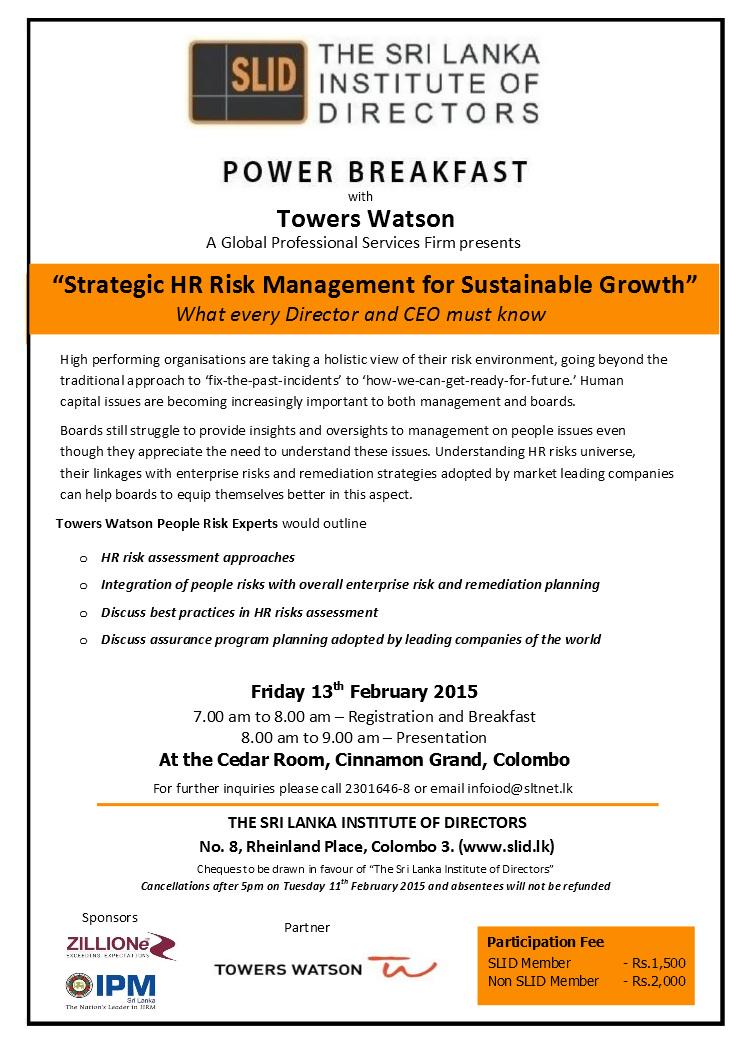 slidcolombo's tweet photo. SLID prepares for the "Strategic HR Risk Management for Sutainable Growth" to be held on the 13th of February 2015. http://t.co/ToAdb1Z1Eh