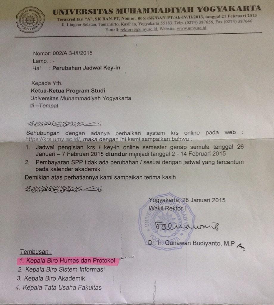 Surat Keputusan dari Wakil Rektor I terkait perubahan jadwal key-in.