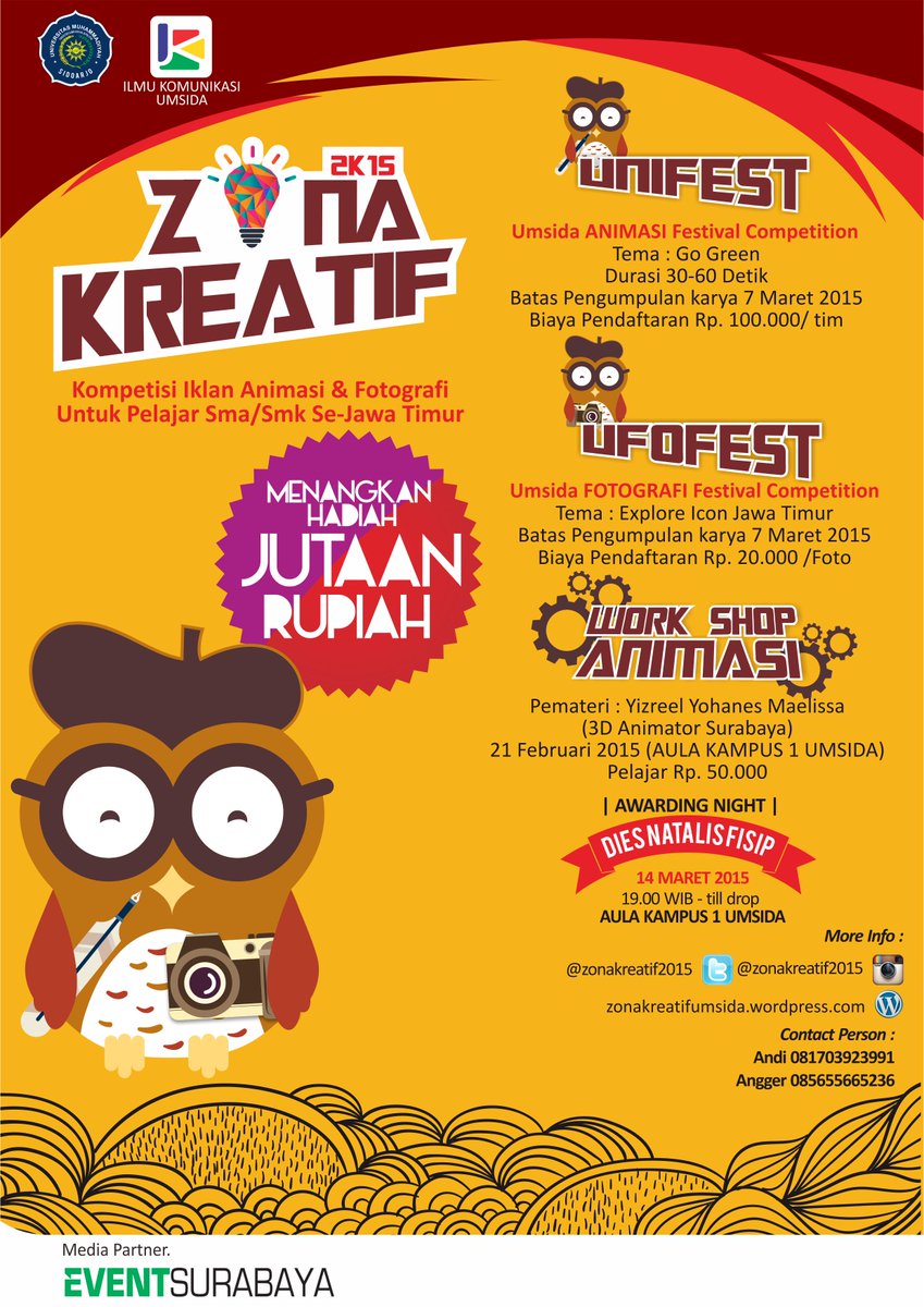 eventsurabaya's tweet photo. UNIFEST (UMSIDA ANIMASI FESTIVAL COMPETITION) | Registrasi : 100.000 | CP: 081703923991 / @zonakreatif2015  http://t.co/c9s3c7D7Hh