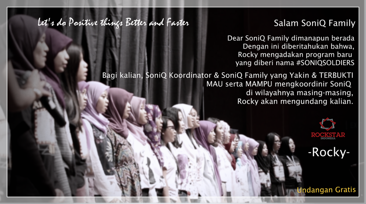 Siang SoniQ
Rocky infokan program baru kita yg diberi nama || SoniQ Soldiers ||
pantengin TL untuk info selengkapnya