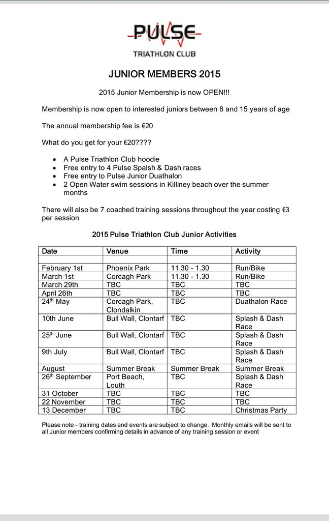 PulseTriClub's tweet photo. 2015 Pulse Junior Membership now available from 8 years and up. You get all this for €20 #joinpulse http://t.co/x9tKIjplx7