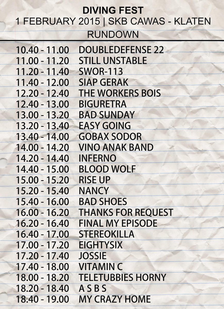 BGRTA_'s tweet photo. ""@DIVINGFEST: RUNDOWN #DIVINGFEST #1FEBRUARY @SKBcawas - KLATEN @BGRTA_ @badsunday1 @SIAPGERAK_ http://t.co/XMyCf8uT8y""