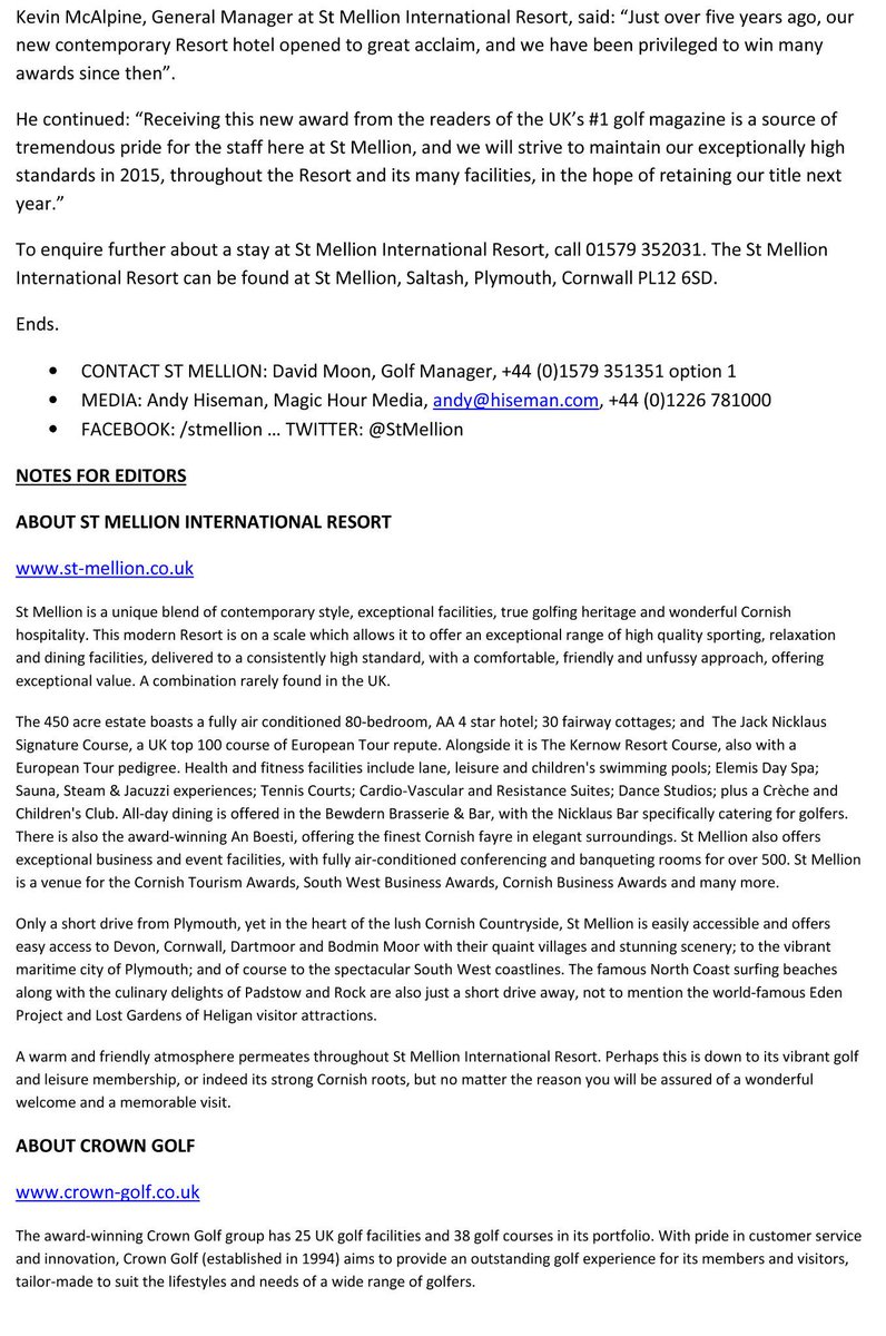 St Mellion wins TWO awards! Well done to all the fabulous staff and members! #BestHotelintheWest #BestGolfCourse