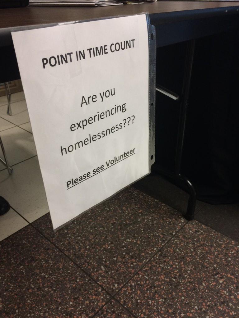 PEH_GC's tweet photo. Sign at DSS this morning. Volunteers are hard at work surveying those who are homeless. #weallcount #PITCount http://t.co/1gJRPwGLbL