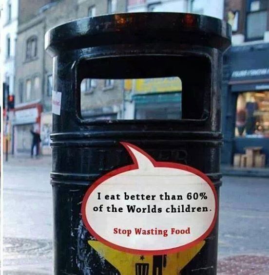 تقول القمامة :
"أتناول طعاماً أفضل من 60% من أطفال العالم"

كناية عن رمي الناس للطعام ، بدلاً من إعطائه لطفل محتاج !