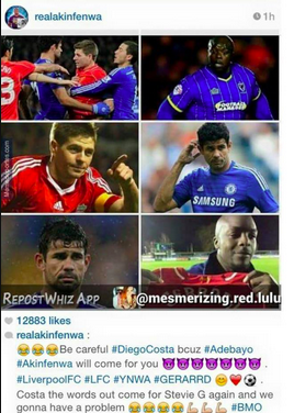 LFCFansCorner's tweet photo. Akinfenwa's message to Costa after the Chelsea vs Liverpool game. http://t.co/3cYOUEtLbB