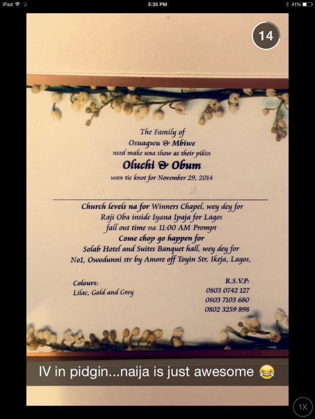 Wedding IV printed in Pidgin