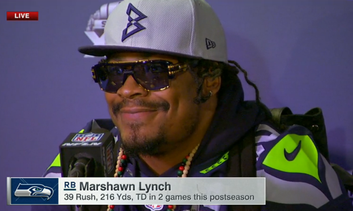 GMA's tweet photo. "For the next 3 minutes I'll just be looking at ya'll, the way you're looking at me." - Marshawn Lynch (via @ESPNNFL) http://t.co/cvQh6y2yJp