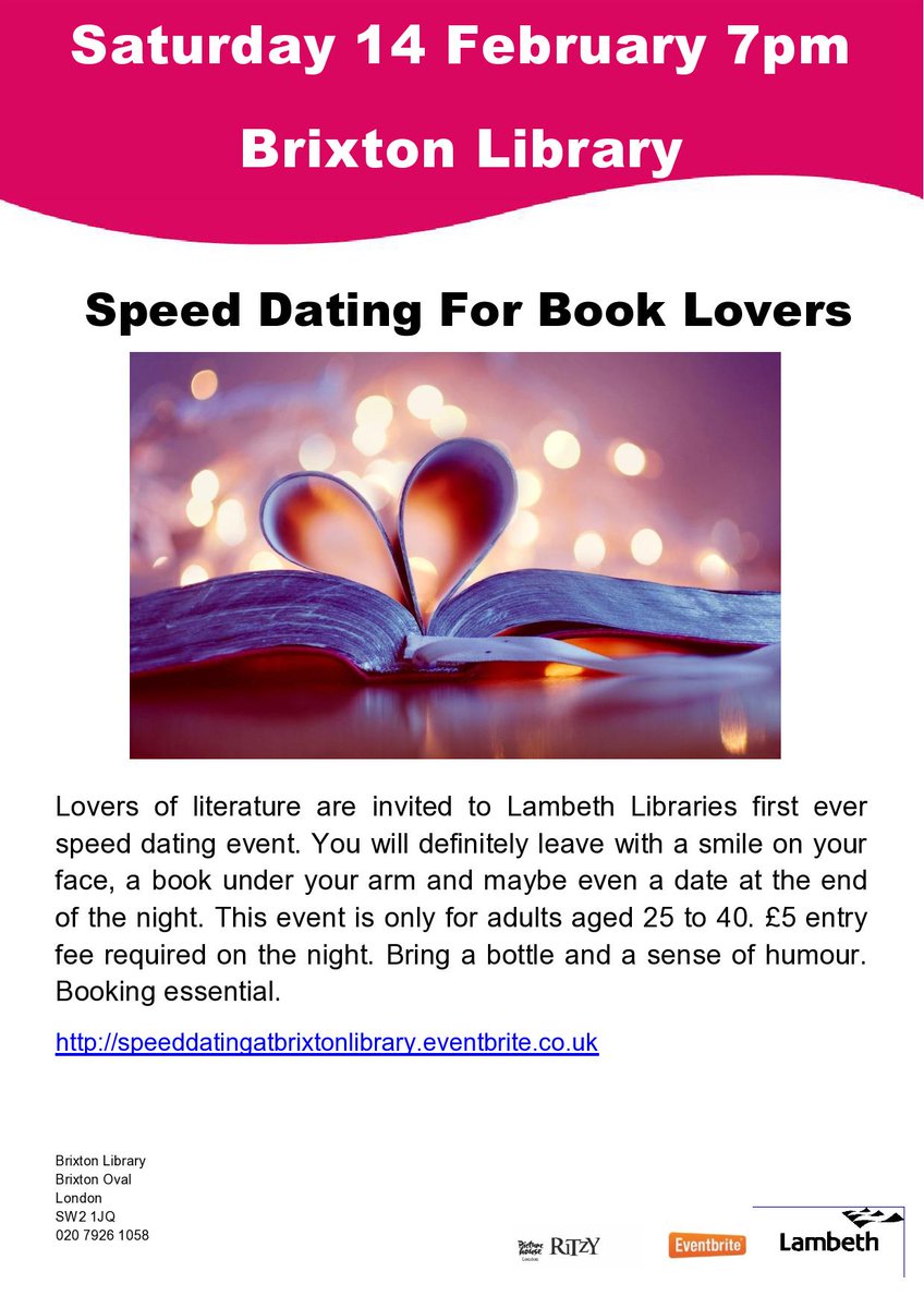 brixtonlibrary's tweet photo. Are you single and ready to mingle? Join us Saturday 14 Feb, 7pm. Booking essential. http://t.co/c5ly50rHV1