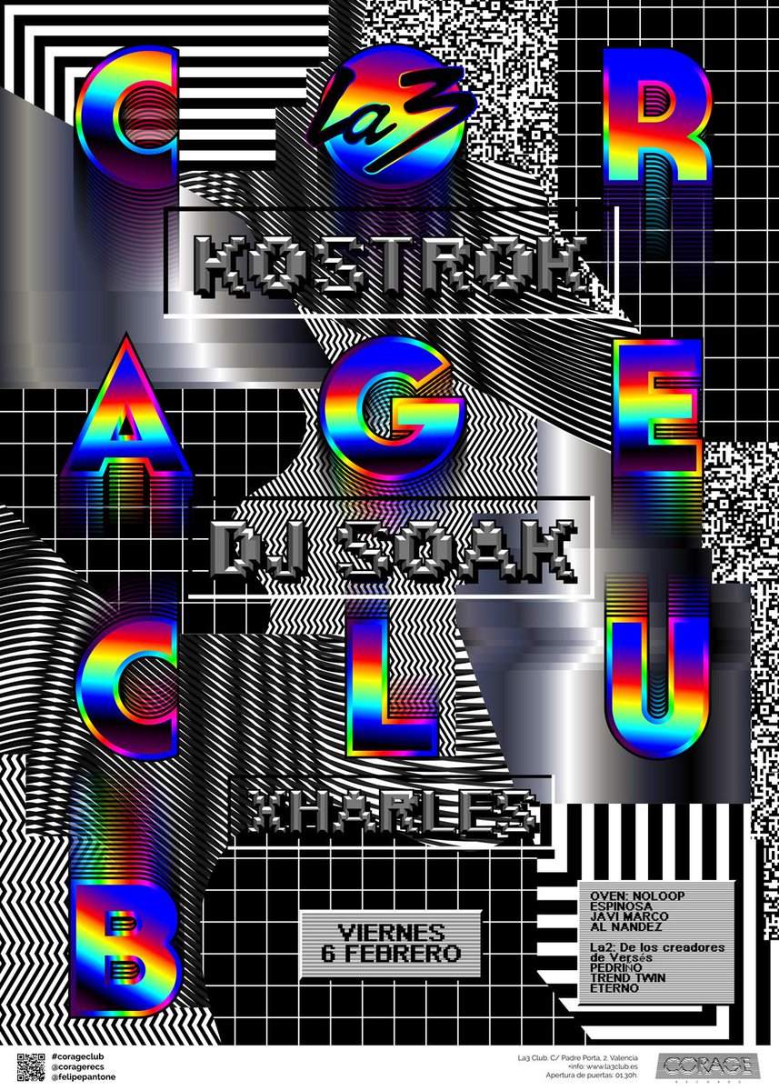 CorageRecs's tweet photo. #CorageClub #5 w/ @KostrokWorld , @djsoak1 &amp; @Xharlesdjset .
Next friday 6th Feb at @La3Club.
Art | Felipe Pantone UB http://t.co/Ws8a0bjs0J