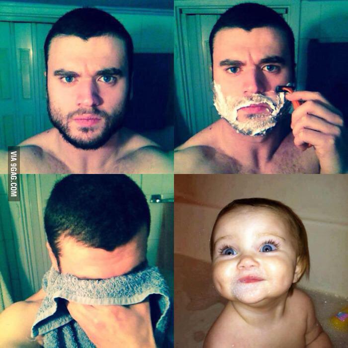 Небритая с сыном. До и после бритья. Парень побрился. Мужчина до и после бритья. Сбрил бороду.