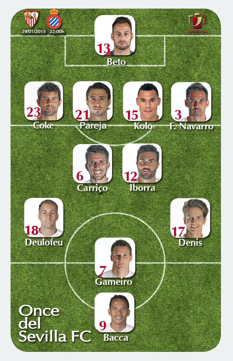 SevillaFC's tweet photo. Once del #SevillaFC, vuelta de 1/4 de #CopaDelRey ante el @RCDEspanyol #AunQuedan93Minutos #vamosmisevilla http://t.co/Xf56smHTTM