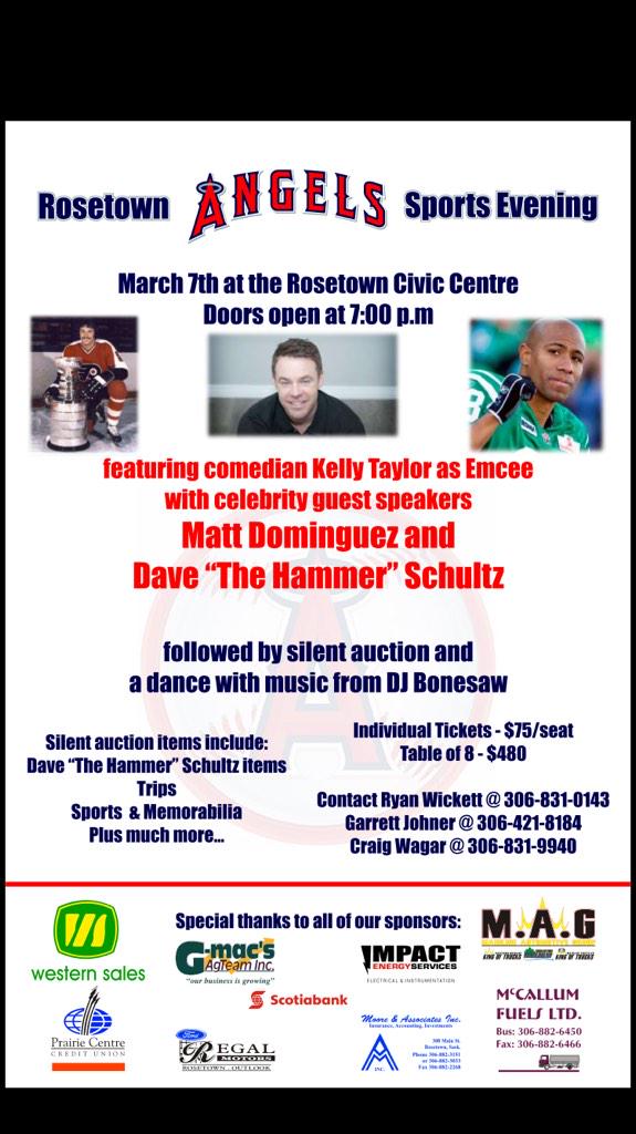 RosetownAngels's tweet photo. Tickets now on sale for @RosetownAngels Sportsman evening on March 7 hosted by @TicTaylor
#Davethehammer #Dominguez http://t.co/BQsMVje3Yw