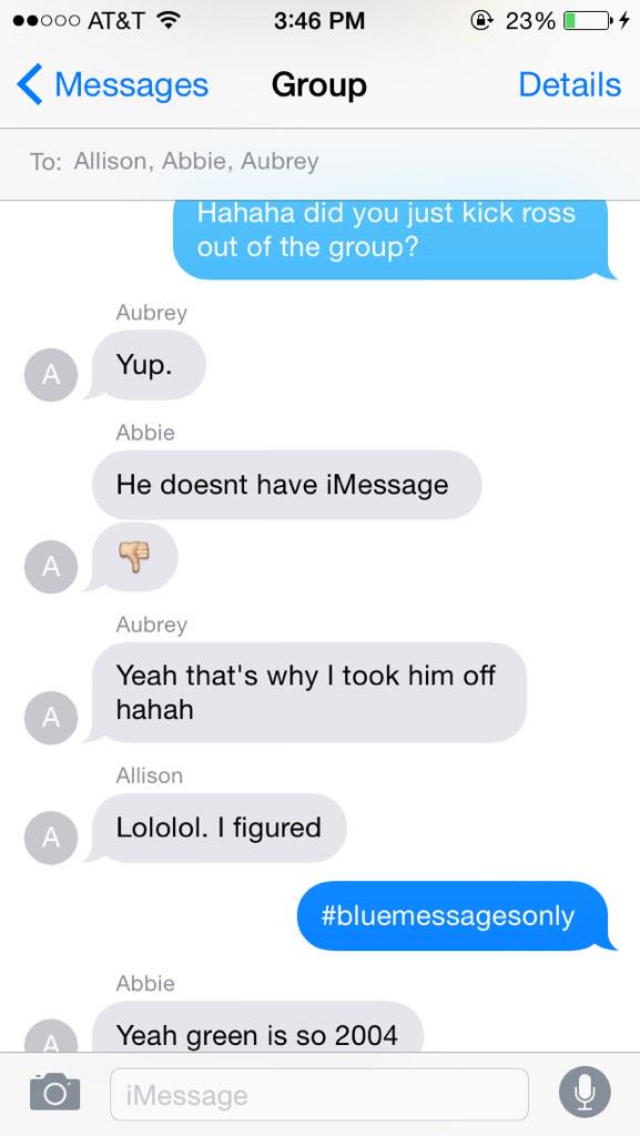 andi_waters's tweet photo. From sibling group text to sister group text real quick when brother doesn't have iMessage #bluemessagesonly ✋ http://t.co/blT6sX703g