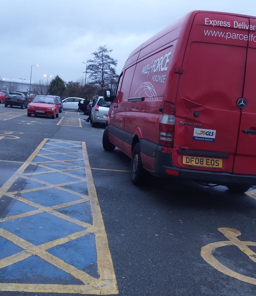 Lazy postal worker blocking 2 disabled bays, why he went shopping, at asda superstore at newtown in wigan