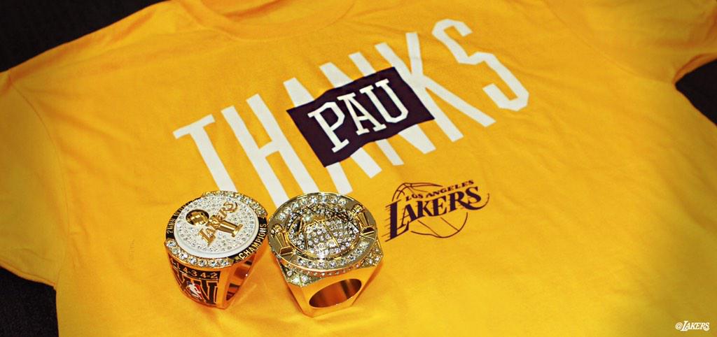 Lakers's tweet photo. The Spaniard returns to STAPLES tonight. To show our appreciation for Pau, each fan at the game will get this shirt. http://t.co/jadob3pQRo