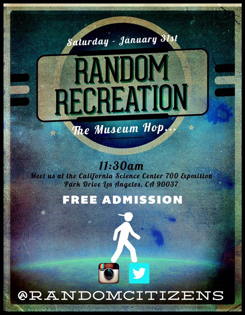 randomcitizens's tweet photo. Hey #randomcitizens join us 4 our kickoff event 4 our #randomRecreation #museumHop this SAT 1/31 in LA + it's free. 🚷 http://t.co/R8Ev0AS1H6