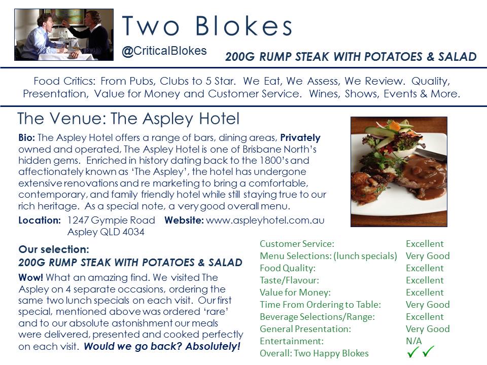 Review: The Aspley Hotel - Lunch Special: 200G Rump Steak with Potatoes and Salad.