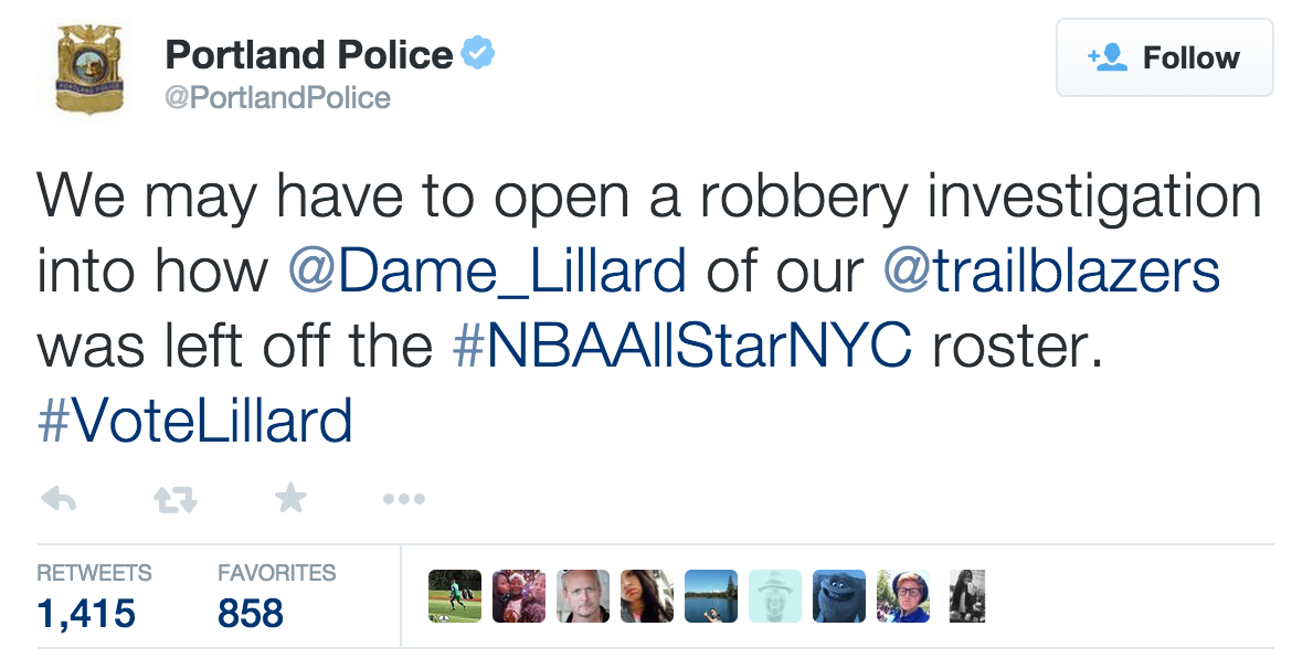 The <a href="/PortlandPolice/">Portland Police</a> Department is less than thrilled about Damian Lillard's omission from the All-Star Game.
