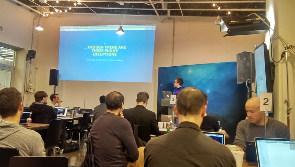 Our very own web dev @courtneyarch presenting at <a href="/meteorjs/">Meteor.js</a> #Devshop with 12 lessons using Meteor at Apportable!