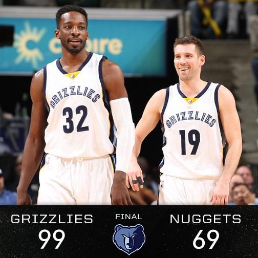 memgrizz's tweet photo. #Grizzlies defeat the #Nuggets, 99-69. @UncleJeffGreen &amp; @BenoUdrih1 combine for 24 points. @NBAonTNT http://t.co/ZeKWjUvaFH