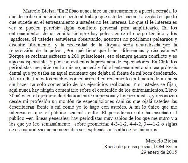 Algo de lo de BIELSA que les contaba hoy. MAESTRO es el término que lo define. Aca un extracto de su conferencia.
