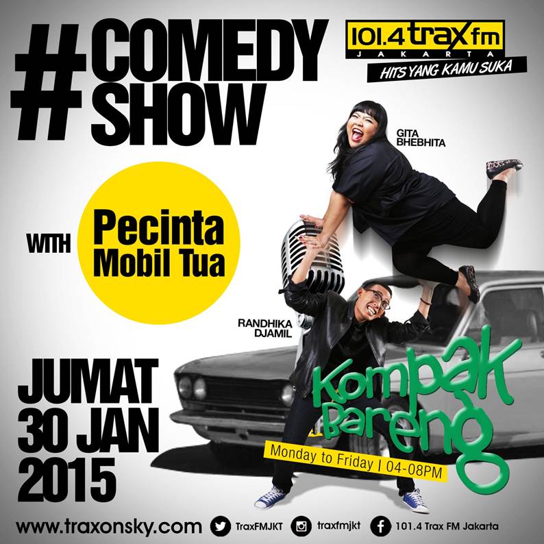 TraxJKT's tweet photo. Mobil yang umurnya lebih dari 10 tahun ga boleh jalan lagi? Denger kelanjutannya di #ComedShow #KompakBareng nanti! http://t.co/6UMMoZU1Tj