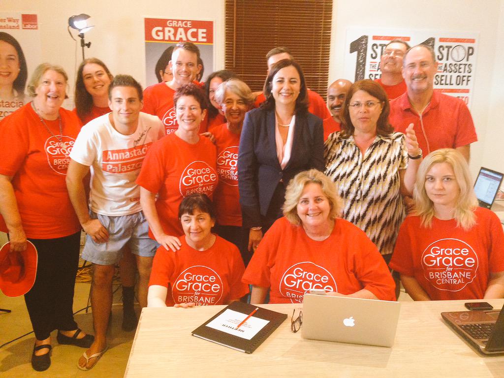 a_palaszczuk's tweet photo. Thanks to the hardworking @QLDLabor volunteers supporting @gracextwo in Brisbane Central. #qldvotes #qldpol http://t.co/VzKnPghaKg