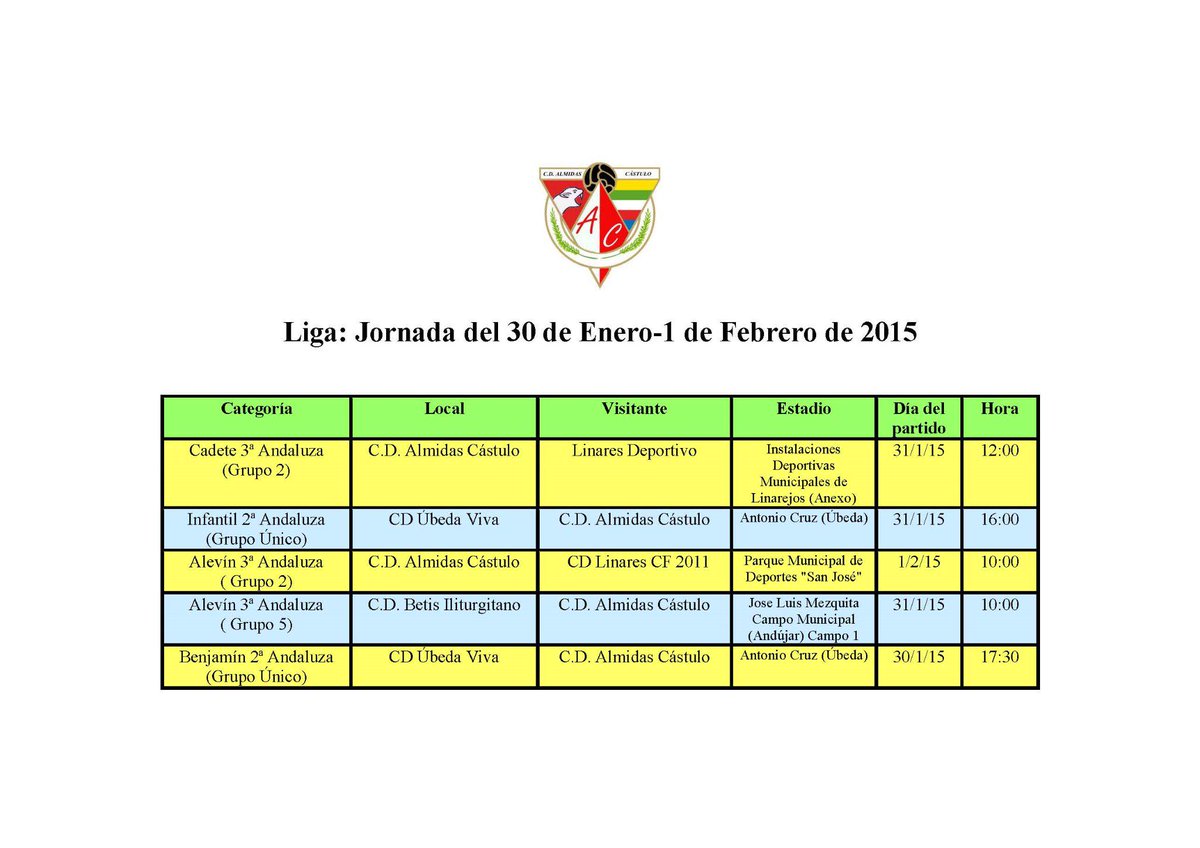 cdalmidas's tweet photo. Horarios de los Partidos de los Equipos del CD Almidas Cástulo jornada 31 diciembre-1 febrero de 2015 http://t.co/N892Vq2Cgf