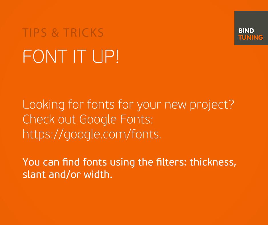 bindskins's tweet photo. This Friday: Font it up! Check out Google Fonts here: https://t.co/Hqe6zjaV2O #bindtipsandtricks #typography http://t.co/3Ltq7FOsj2