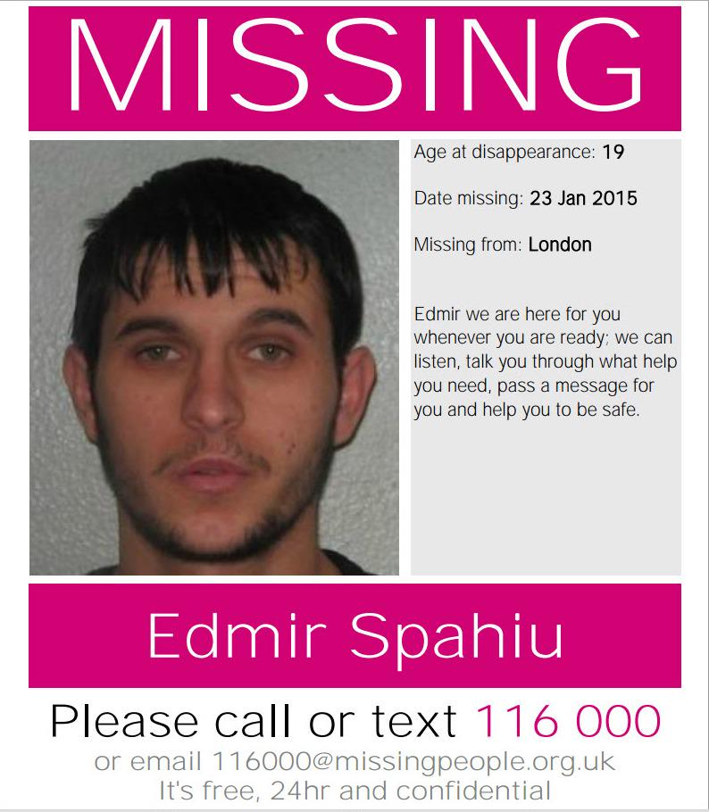 PL RT 19 yo #EdmirSpahiu missing from #London since 23/01. Seen him? Call 116000 ow.ly/I8Ns4
