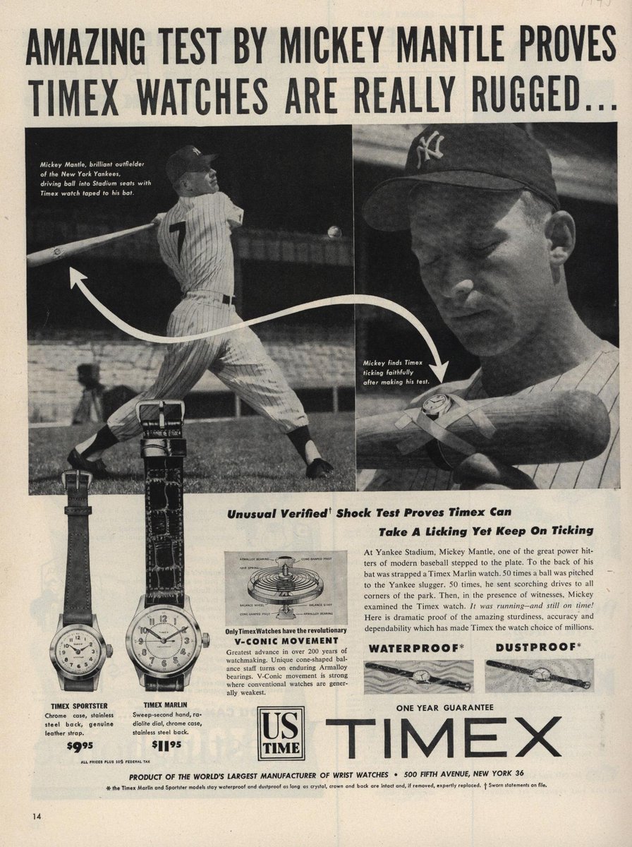 nawccmuseum's tweet image. 1945 #Timex #MickeyMantle #shocktest #takesalickin #keepsontickin #Yankees #vintagead @timex @Yankees @TimexSports
