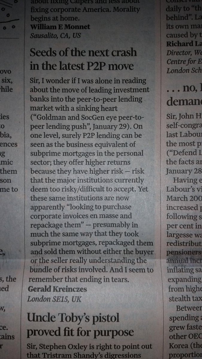 Waterlootoo's tweet photo. Pleased to have got this into today's FT letters.  Here we go into a financial crash again unless we're careful. http://t.co/fnp6iiZ2Tj
