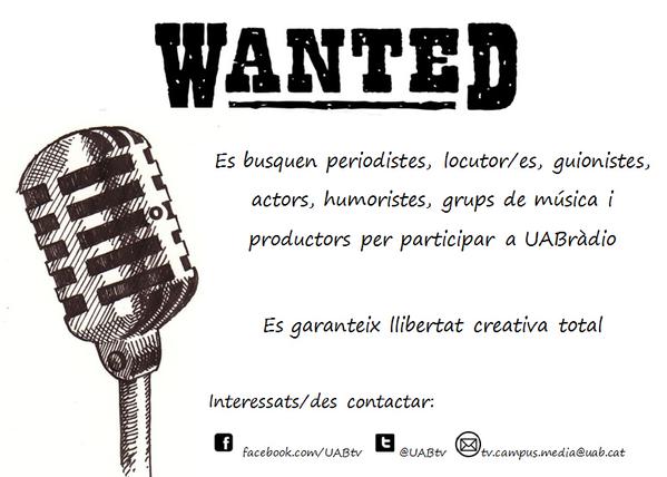 UABBarcelona's tweet photo. "@UABtv Atenció! Es busca... @FccUab  #periodistes #guionistes #productors #radio #uab" http://t.co/Oq7hoIp7Ie