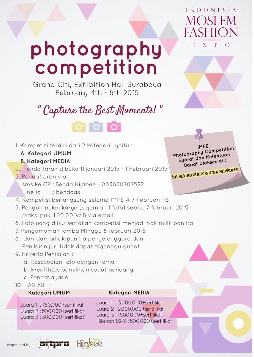 eventsurabaya's tweet photo. Utk yg hobby motret,ayoo ikutan Photography Competition di #IMFE2015 by #hijabeesbyXartpro . CP: 083830707522 http://t.co/JtIVZdxwu1