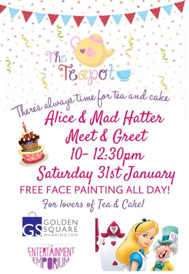GoldenSquareUK's tweet photo. FREE event at The Teapot this Saturday! #GoldenSquare #Warrington #MadHatter #Tea http://t.co/2ODSu93LMU