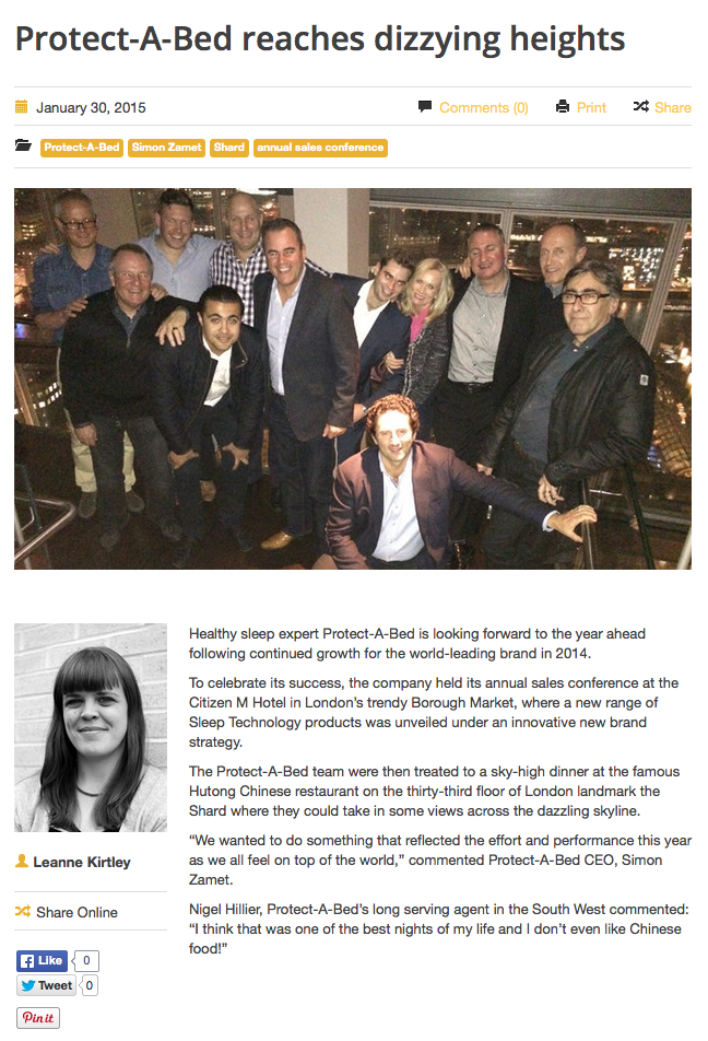 ProtectABed_EUR's tweet photo. A sales meeting to remember, in @TheShardLondon read it here with the @cabinetmakermag #TheShard #London http://t.co/39Iwz3wlpr