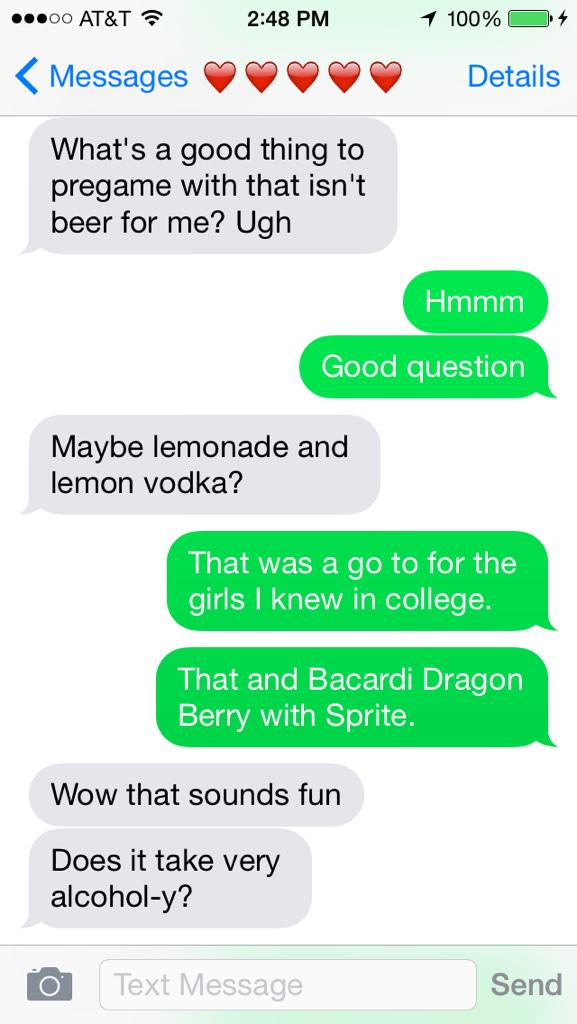 TheNormalCouple's tweet photo. Friday afternoon means texting each other to figure out what to PreGame with and the secrets of my manhood. -bf http://t.co/mvBK8FALFH