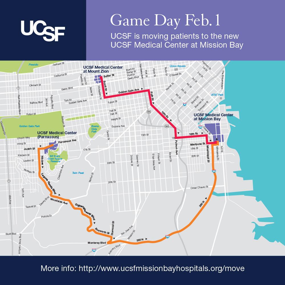 UCSF's tweet photo. We're moving patients to new hospitals #SuperBowl Sunday. Pls watch for ambulance traffic and RT for awareness! #SF http://t.co/JlL7WMSjLC