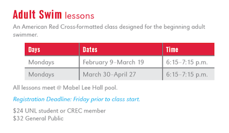 UNLCampusRec's tweet photo. Still spots available in our Adult Swimming lessons! @CityOfLincoln @UNLCBA #UNL #ActiveHusker shop.crec.unl http://t.co/aiz0Ysu1hM